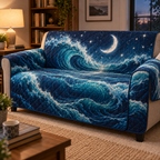Celestial Ocean Tide Reading Nook Sofa Cover with flat printed optical 3D indigo-turquoise moonlit waves and silver-white crescent