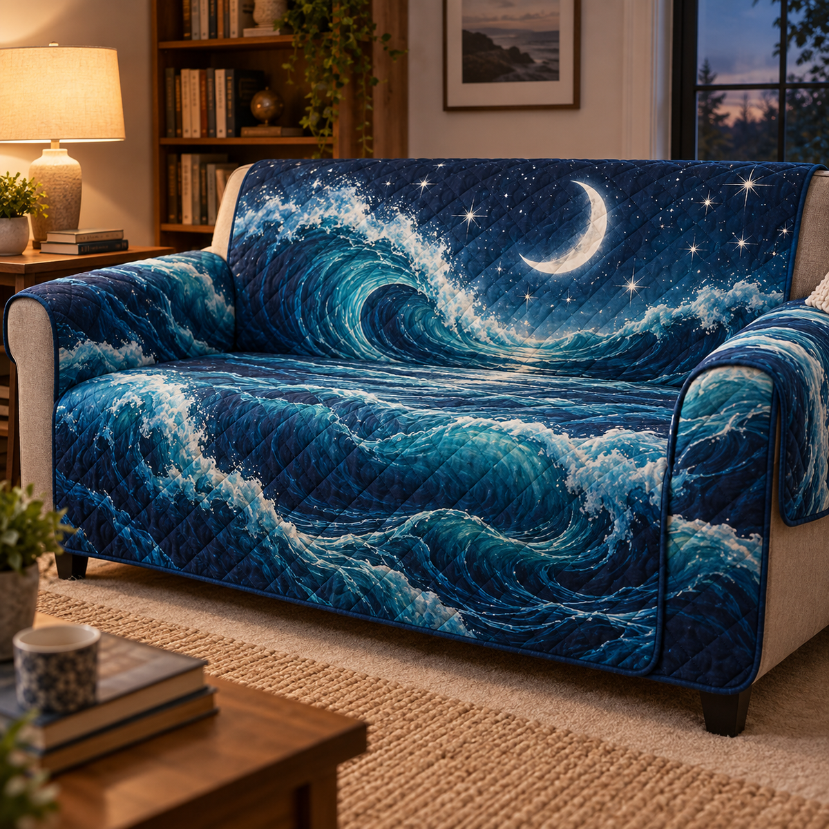 Celestial Ocean Tide Reading Nook Sofa Cover with flat printed optical 3D indigo-turquoise moonlit waves and silver-white crescent