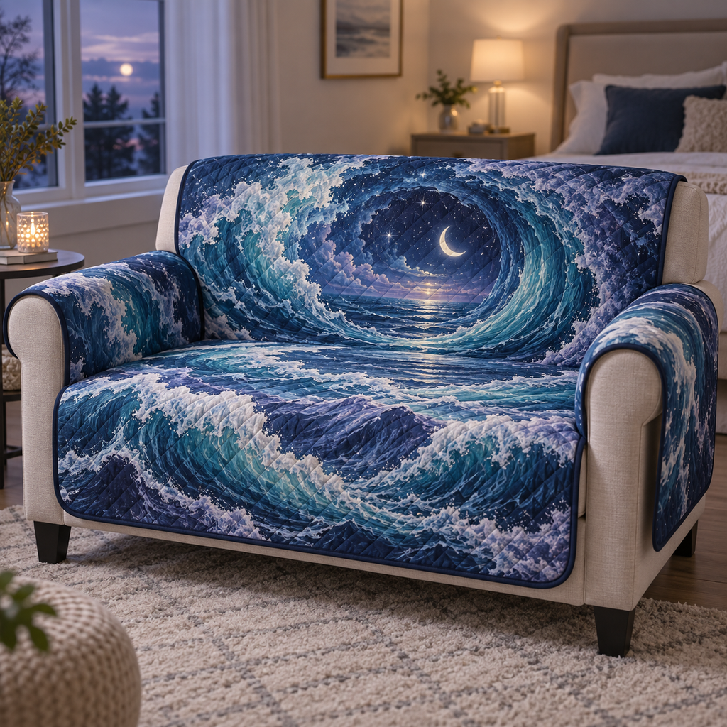 Celestial Ocean Tide Bedroom Sofa Cover with flat printed optical 3D midnight-navy and aqua moonlit waves and pearl-white crescent