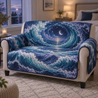 Celestial Ocean Tide Bedroom Sofa Cover with flat printed optical 3D midnight-navy and aqua moonlit waves and pearl-white crescent