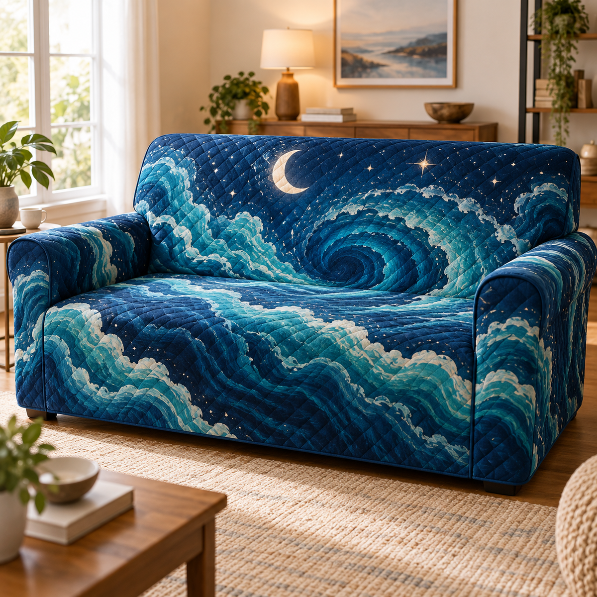 Celestial Ocean Tide Living Room Sofa Cover with flat printed optical 3D sapphire and sea-glass moonlit waves and pearl-white crescent