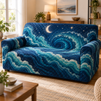 Celestial Ocean Tide Living Room Sofa Cover with flat printed optical 3D sapphire and sea-glass moonlit waves and pearl-white crescent
