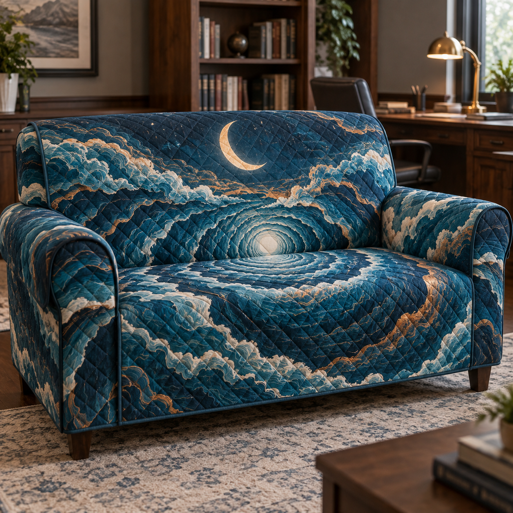 Celestial Ocean Tide Home Office Sofa Cover with flat printed optical 3D deep-teal and cobalt moonlit waves and moonstone-white crescent