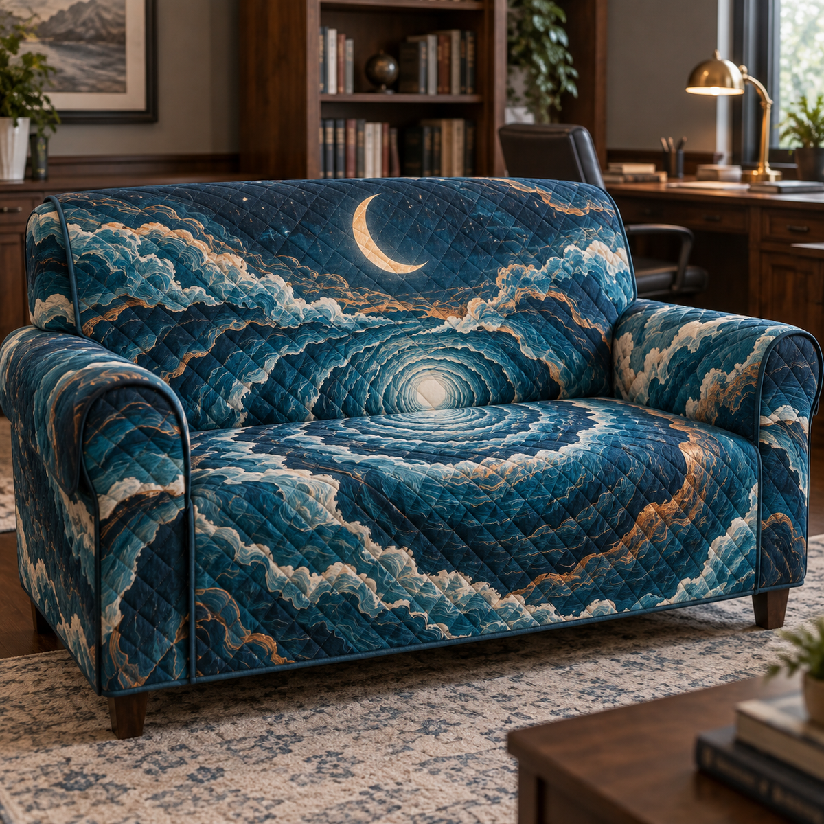 Celestial Ocean Tide Home Office Sofa Cover with flat printed optical 3D deep-teal and cobalt moonlit waves and moonstone-white crescent