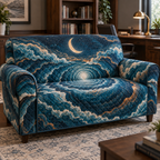 Celestial Ocean Tide Home Office Sofa Cover with flat printed optical 3D deep-teal and cobalt moonlit waves and moonstone-white crescent