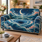 Celestial Ocean Tide Housewarming Sofa Cover with flat printed optical 3D sapphire and jade-teal moonlit tide arcs and ivory crescent