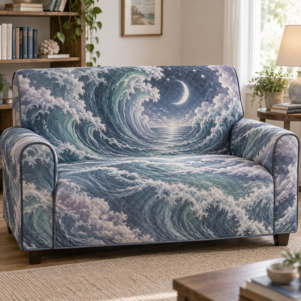 Celestial Ocean Tide Quiet Corner Sofa Cover with flat printed optical 3D seafoam and dusk-blue moonlit waves and pearl-white crescent