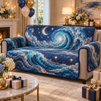 Celestial Ocean Tide Collector Sofa Cover with flat printed optical 3D royal-blue and turquoise moonlit waves and pearl-white crescent
