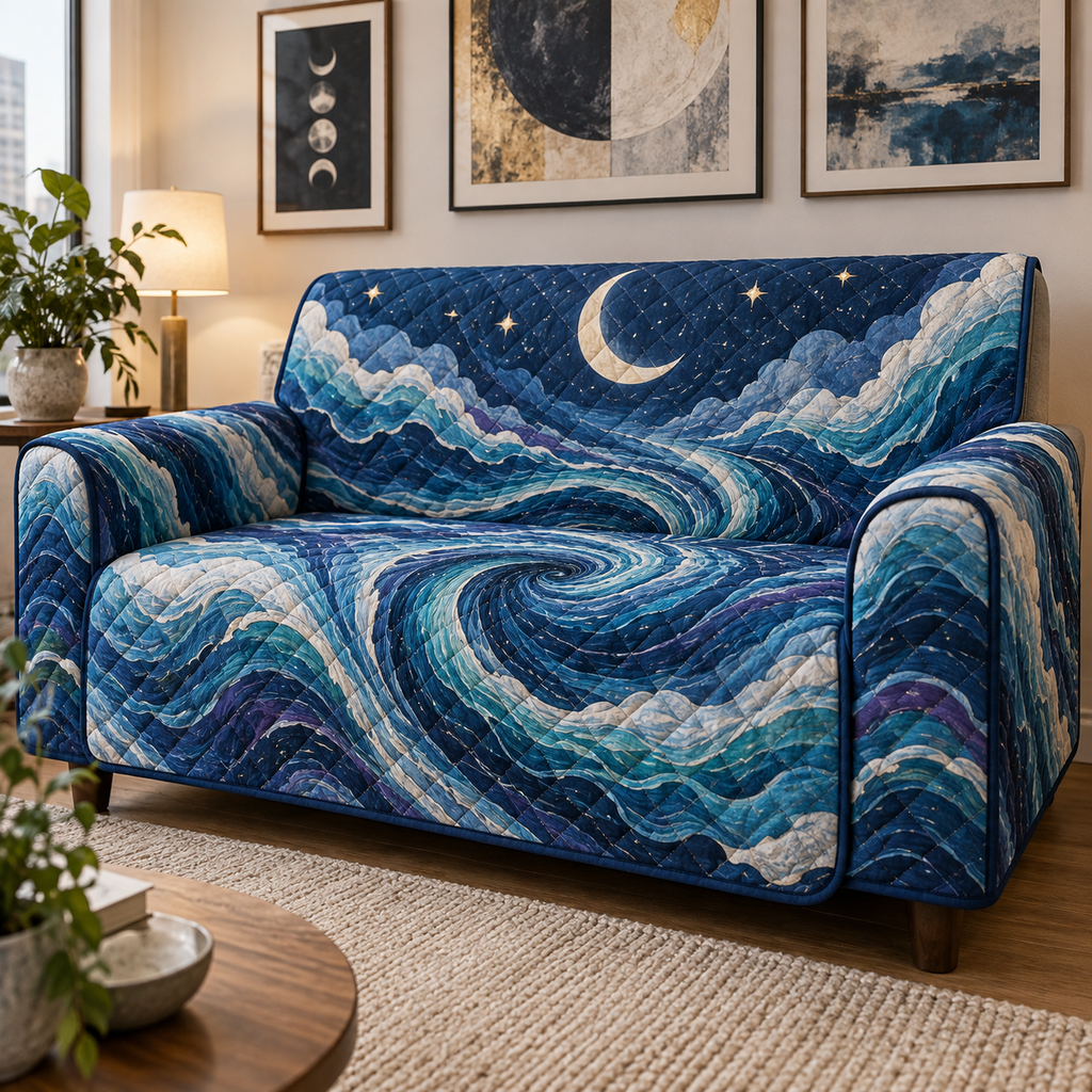 Celestial Ocean Tide Apartment Sofa Cover with flat printed optical 3D ultramarine-aquamarine moonlit waves and ivory crescent