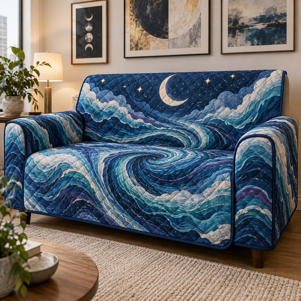 Celestial Ocean Tide Apartment Sofa Cover with flat printed optical 3D ultramarine-aquamarine moonlit waves and ivory crescent