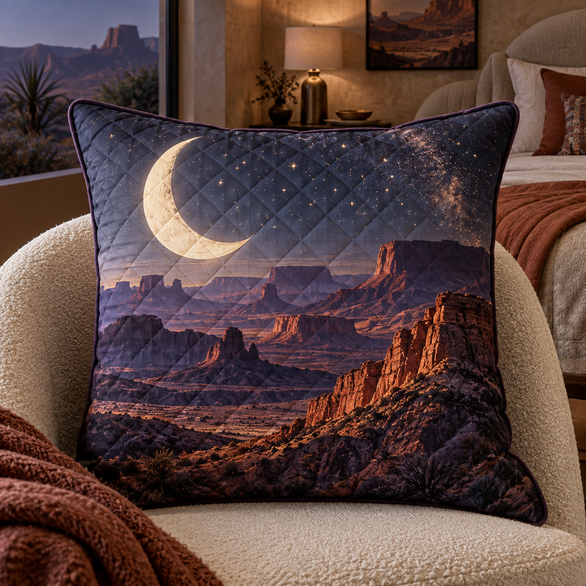 Celestial Ocean Tide Hobby Studio Sofa Cover with flat printed optical 3D ink-blue and cyan moonlit waves and pearl-white crescent