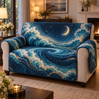 Celestial Ocean Tide Host Gift Sofa Cover with flat printed optical 3D teal-blue and indigo moonlit waves and pearl-white crescent
