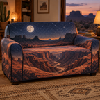 Desert Night Sky Reading Nook Sofa Cover with flat printed optical 3D indigo night sky, terracotta dunes and pale moon