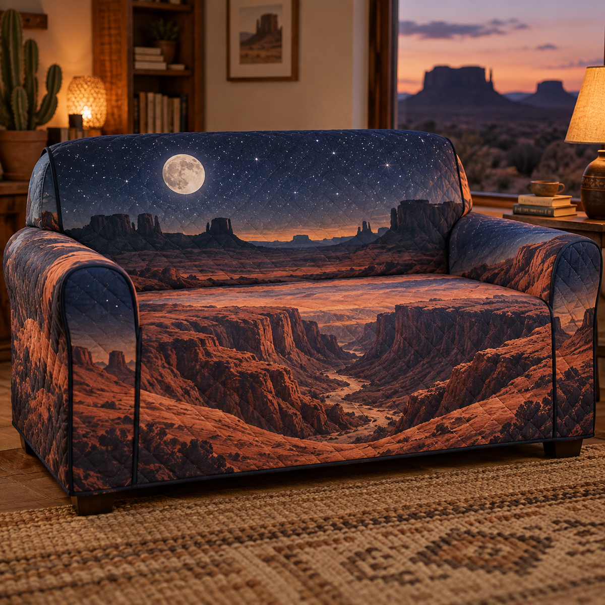 Desert Night Sky Reading Nook Sofa Cover with flat printed optical 3D indigo night sky, terracotta dunes and pale moon