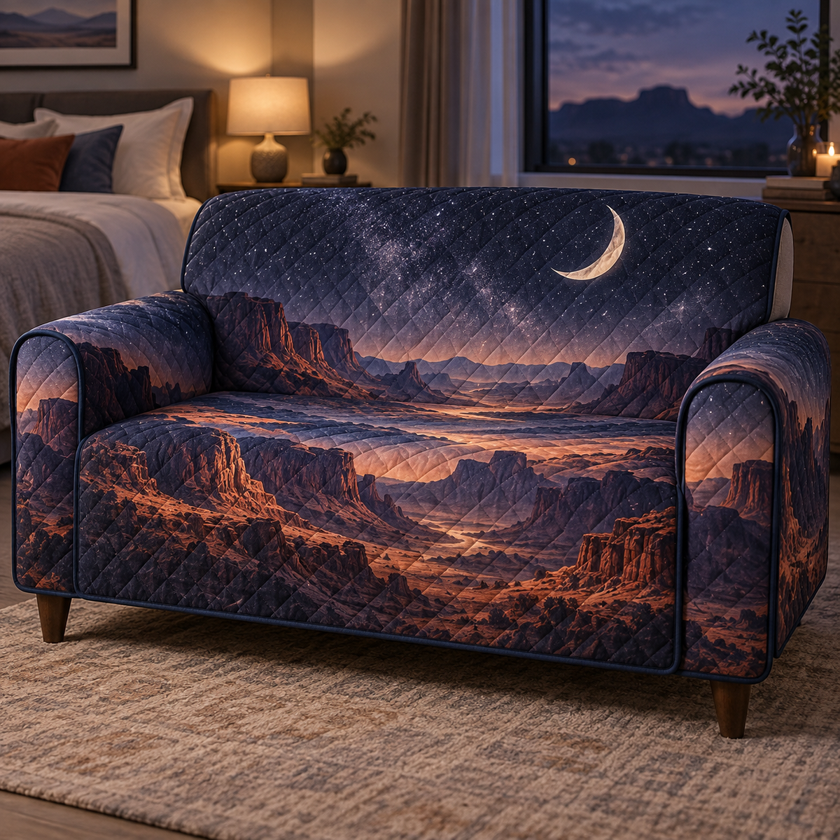 Desert Night Sky Bedroom Sofa Cover with flat printed optical 3D midnight-violet starfield, terracotta dunes and pale moon