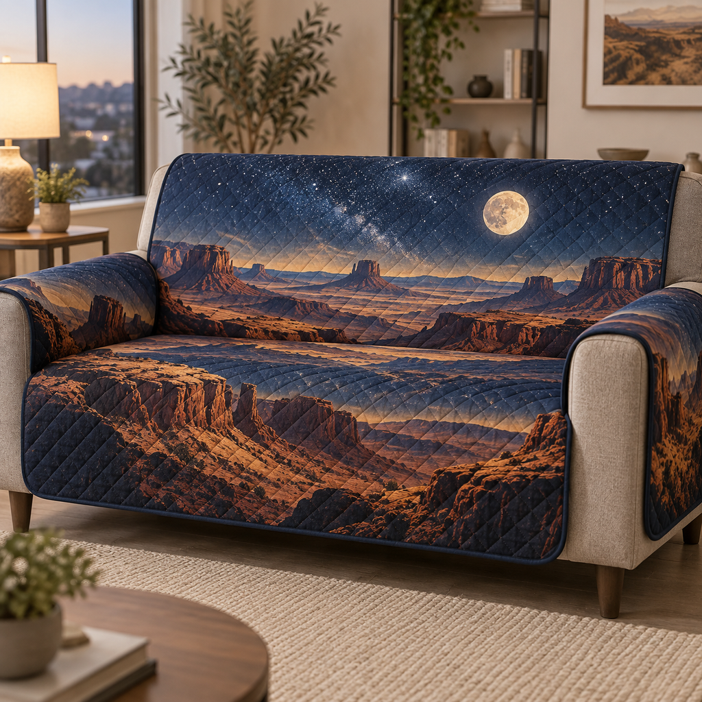 Desert Night Sky Living Room Sofa Cover with flat printed optical 3D indigo starfield, burnt-sienna dunes and pale moon