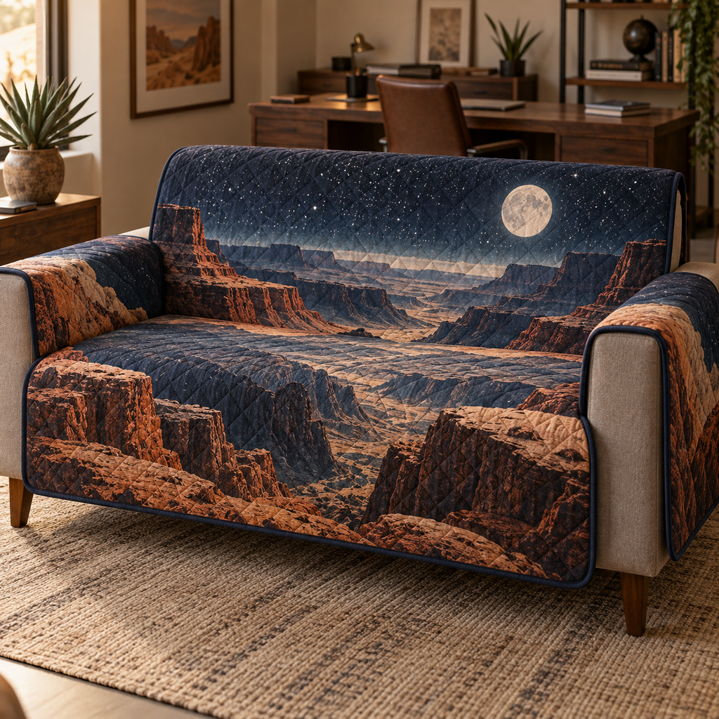 Desert Night Sky Home Office Sofa Cover with flat printed optical 3D blue-black starfield, rust sandstone dunes and pale moon