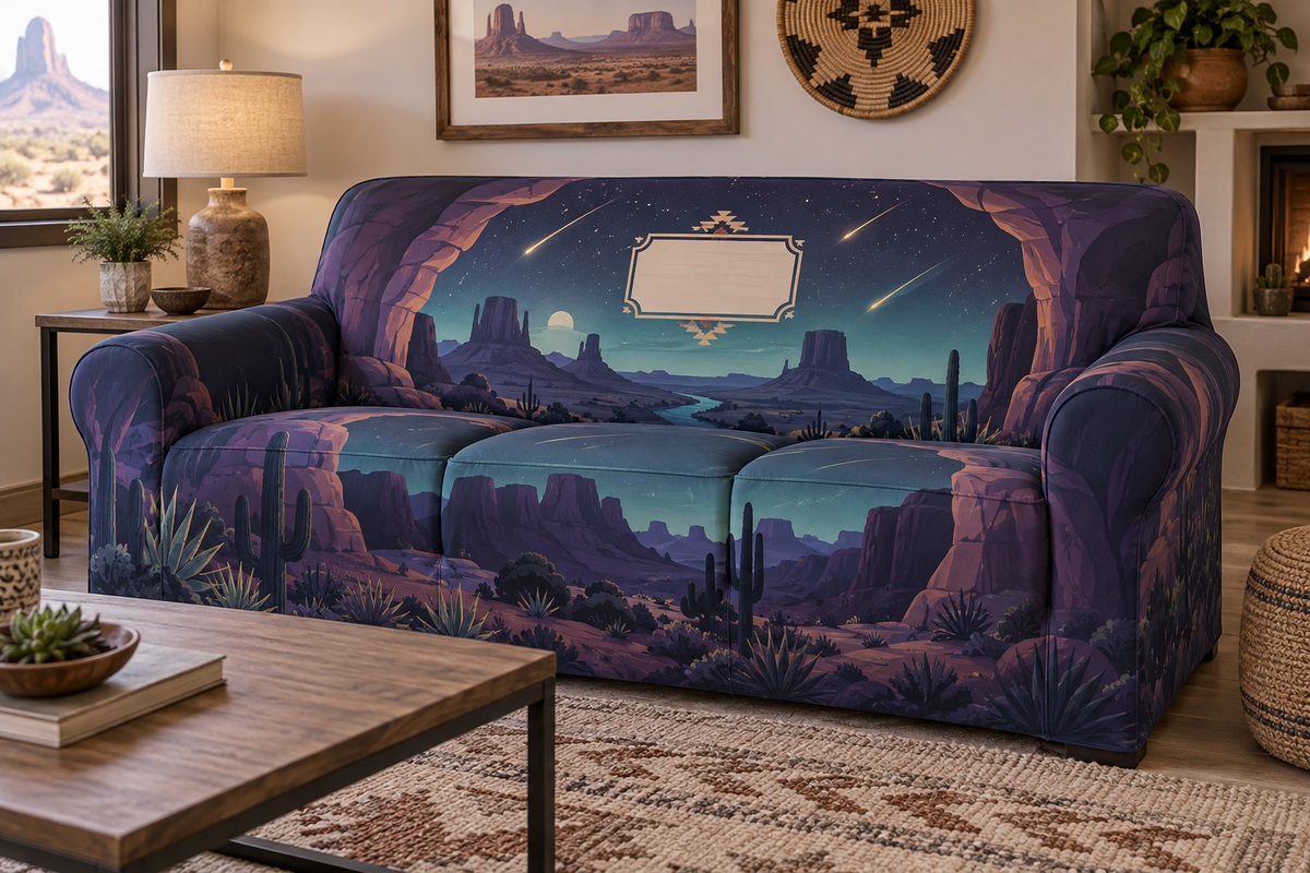 Desert Night Sky Housewarming Sofa Cover with flat printed optical 3D indigo stars, copper moon and terracotta desert mesas