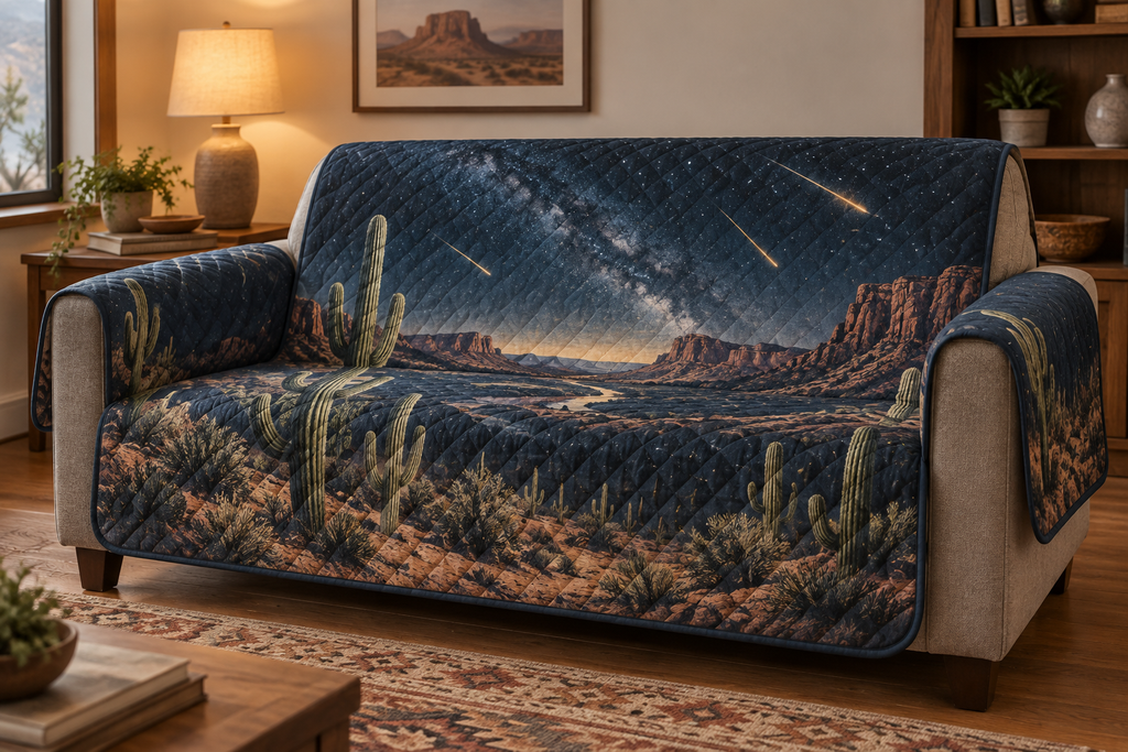 Desert Night Sky Quiet Corner Sofa Cover with flat printed optical 3D indigo stars, muted rose canyon terraces and moon halo