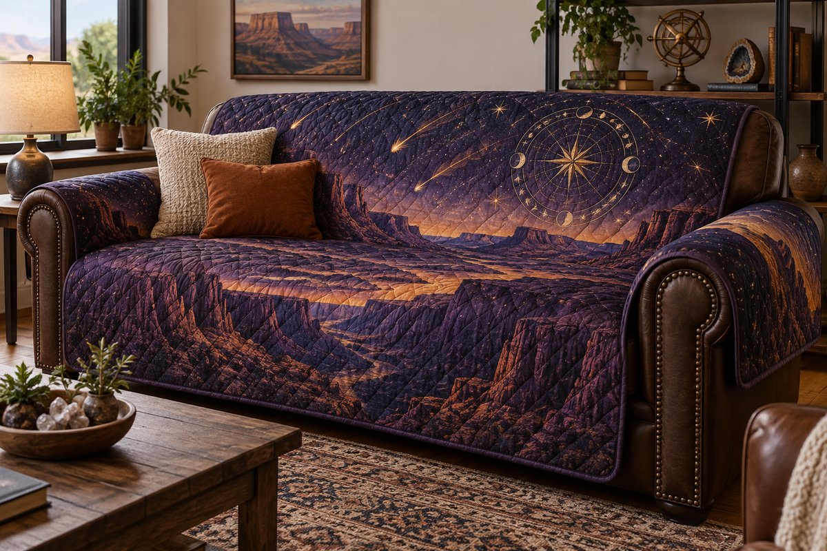Desert Night Sky Birthday Sofa Cover with flat printed optical 3D midnight stars, copper crescent and violet desert mesas