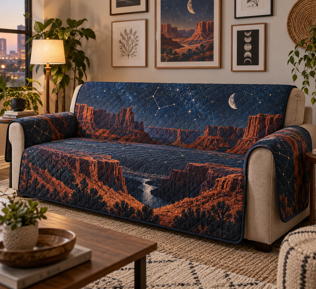 Desert Night Sky Gallery Sofa Cover with flat printed optical 3D cobalt stars, ivory crescent and sienna desert mesas