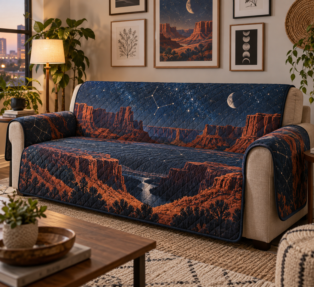 Desert Night Sky Gallery Sofa Cover with flat printed optical 3D cobalt stars, ivory crescent and sienna desert mesas