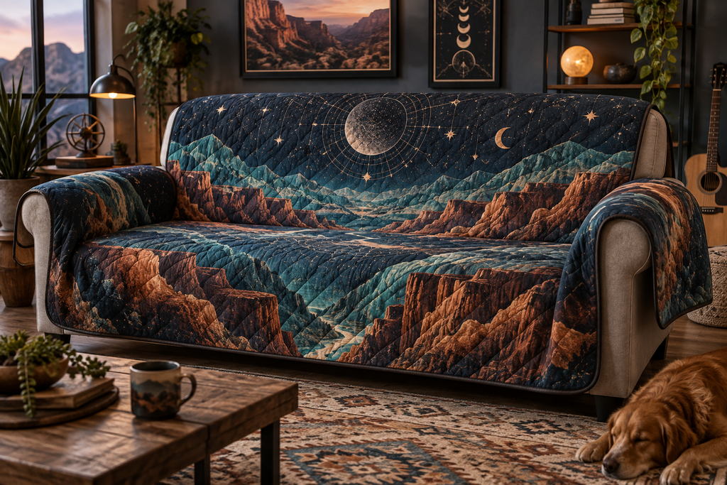 Desert Night Sky Studio Sofa Cover with flat printed optical 3D turquoise stars, copper mesas and terracotta canyon corridors