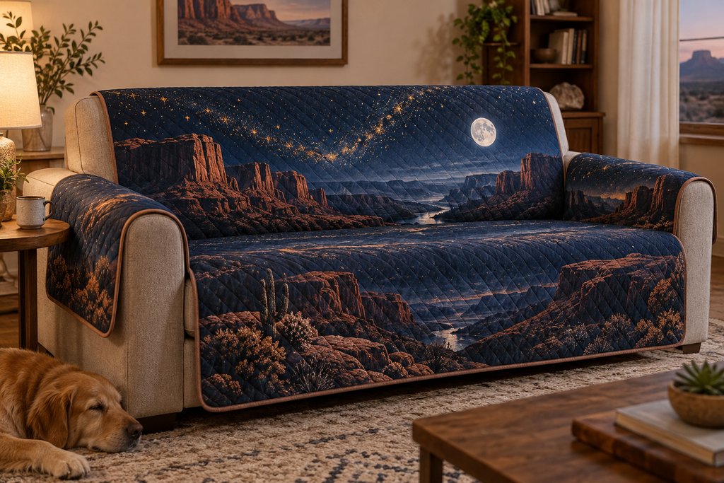 Desert Night Sky Host Gift Sofa Cover with flat printed optical 3D navy stars, copper moon and terracotta desert mesas