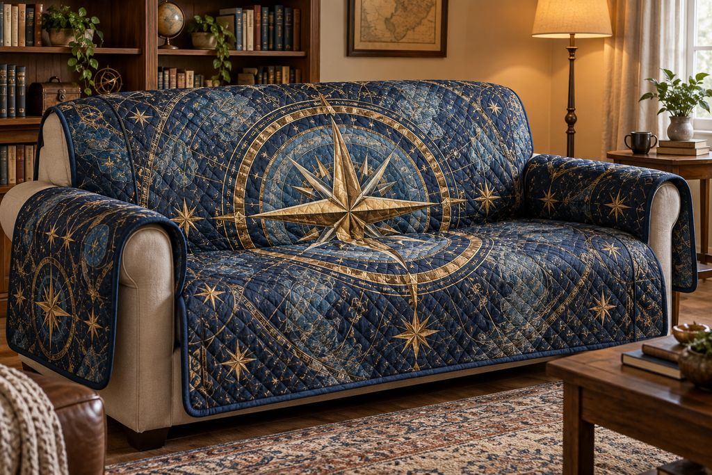 Star Compass Reading Nook Sofa Cover with flat printed optical 3D ivory compass rose, indigo celestial rings and copper star routes