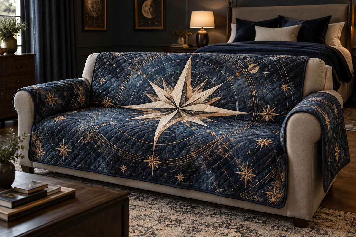 Star Compass Bedroom Sofa Cover with flat printed optical 3D ivory compass rose, copper navigation rays and midnight star rings