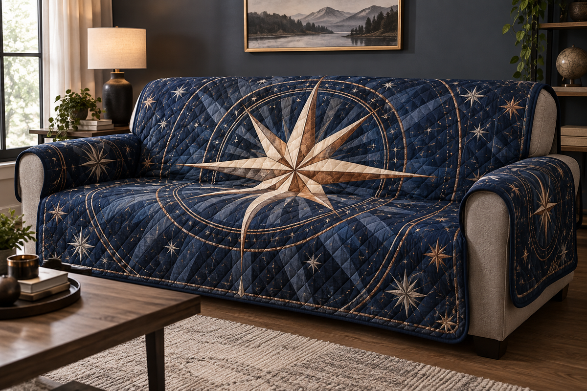 Star Compass Living Room Sofa Cover with flat printed optical 3D ivory compass rose, copper rays and midnight-blue celestial rings