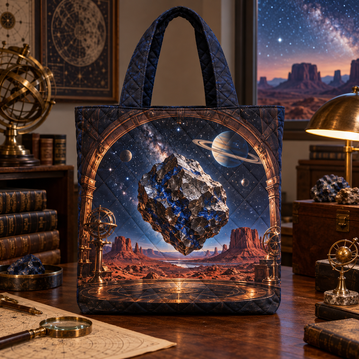 Star Compass Home Office Sofa Cover with flat printed optical 3D ivory compass rose, antique brass rays and midnight navigation rings