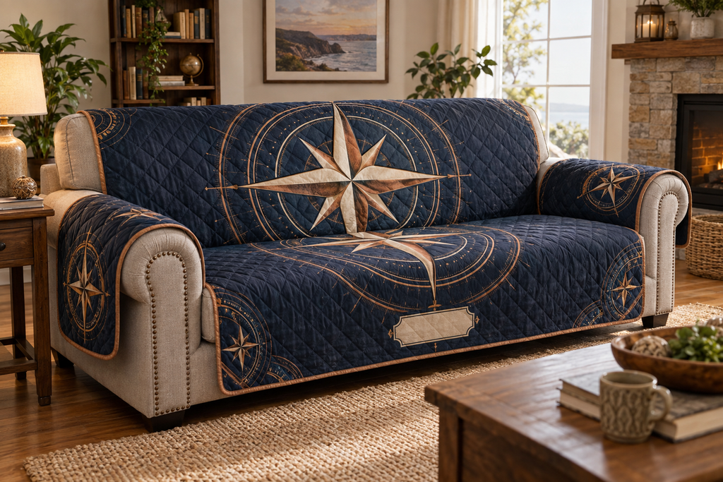 Star Compass Housewarming Sofa Cover with flat printed optical 3D ivory compass rose, indigo star-map rings and copper navigation rays