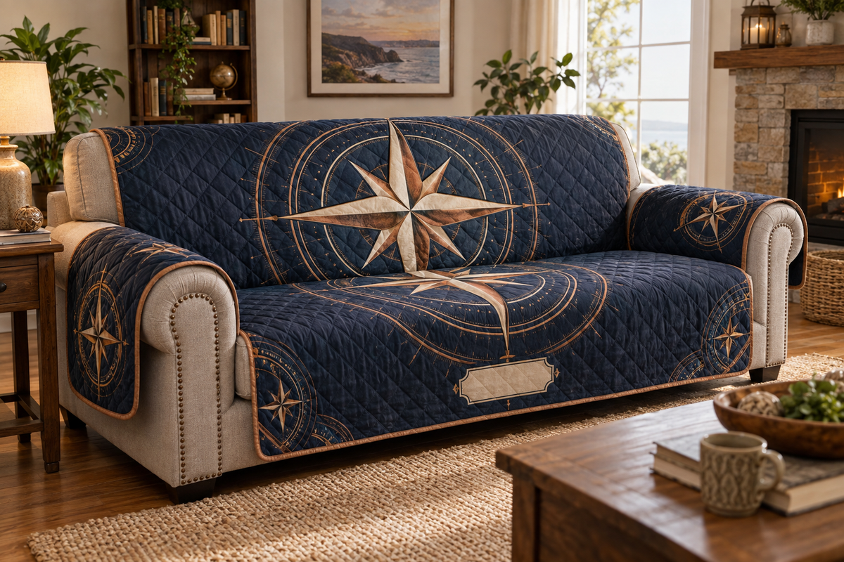 Star Compass Housewarming Sofa Cover with flat printed optical 3D ivory compass rose, indigo star-map rings and copper navigation rays