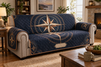 Star Compass Housewarming Sofa Cover with flat printed optical 3D ivory compass rose, indigo star-map rings and copper navigation rays