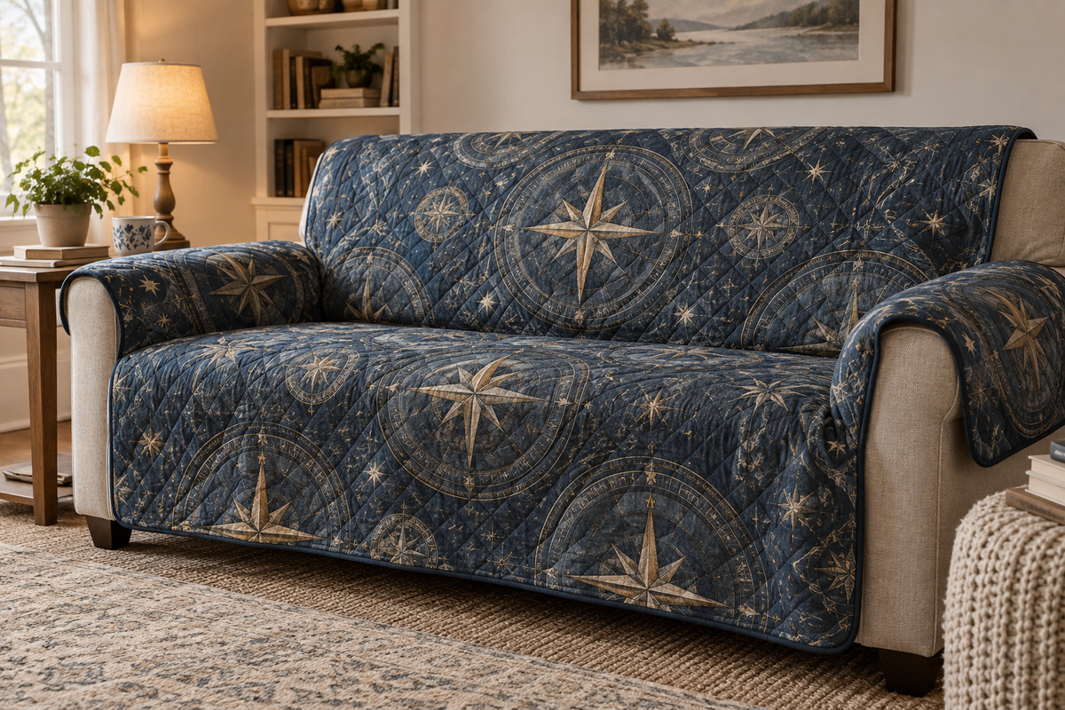 Star Compass Quiet Corner Sofa Cover with flat printed optical 3D ivory compass rose, muted brass points and slate-blue celestial rings