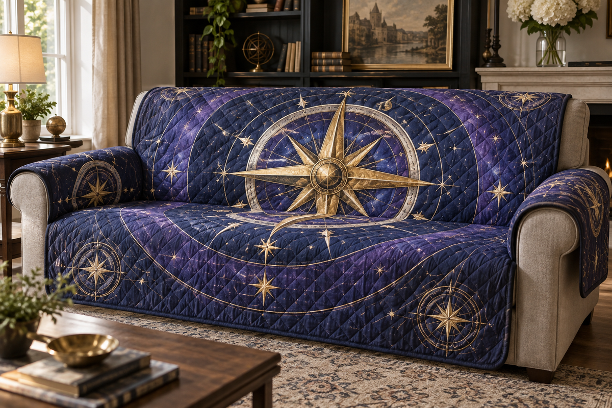 Star Compass Birthday Sofa Cover with flat printed optical 3D antique-gold compass rose, navy celestial rings and pearl stars