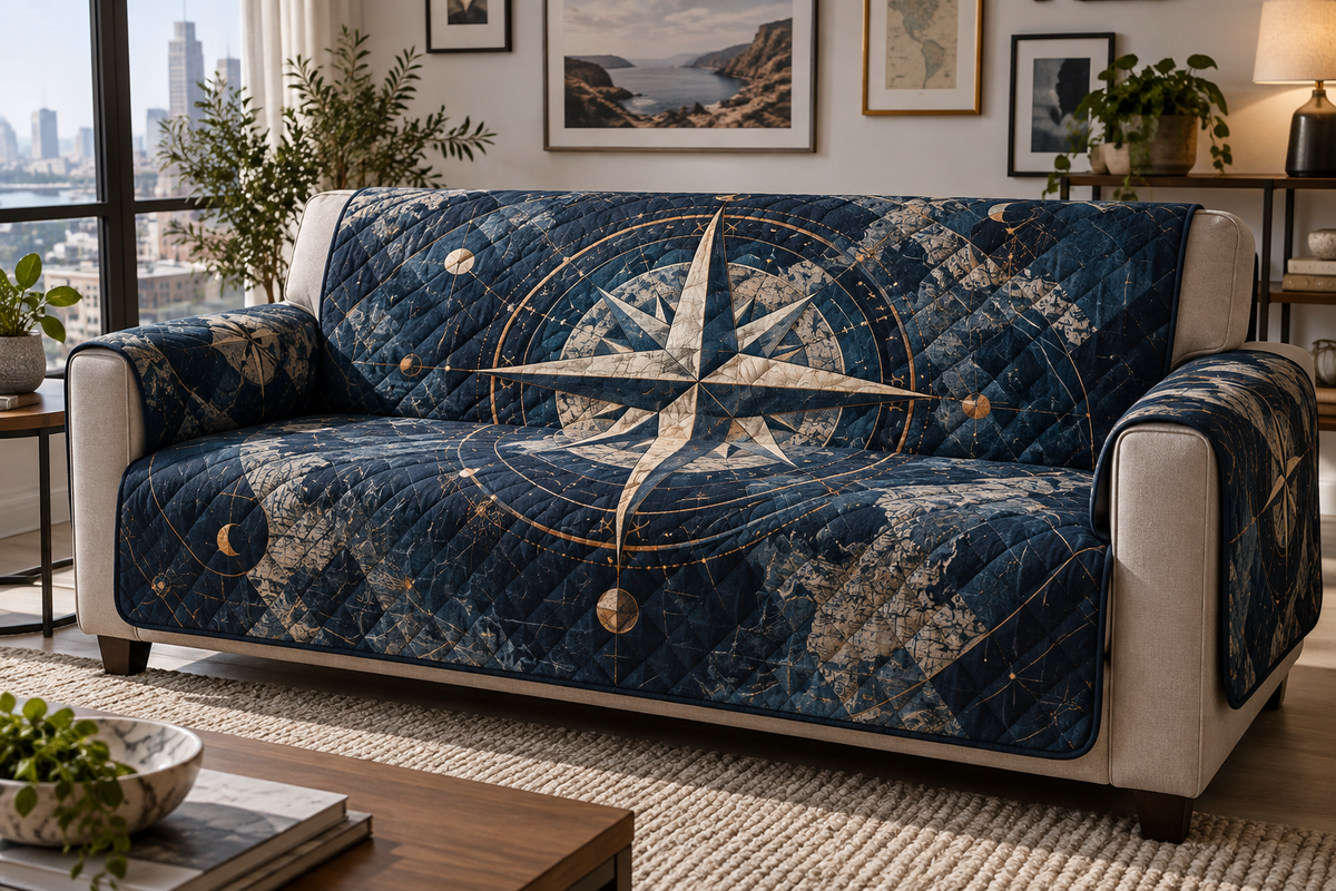 Star Compass Gallery Sofa Cover with flat printed optical 3D ivory compass rose, indigo map panels and copper navigation rays