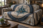 Star Compass Studio Sofa Cover with flat printed optical 3D ivory compass rose, teal stars and copper routes