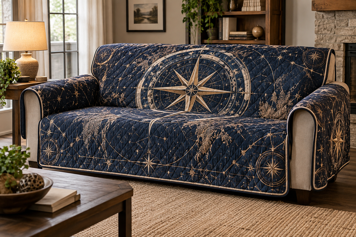 Star Compass Host Gift Sofa Cover with flat printed optical 3D ivory compass rose, indigo celestial rings and warm copper rays
