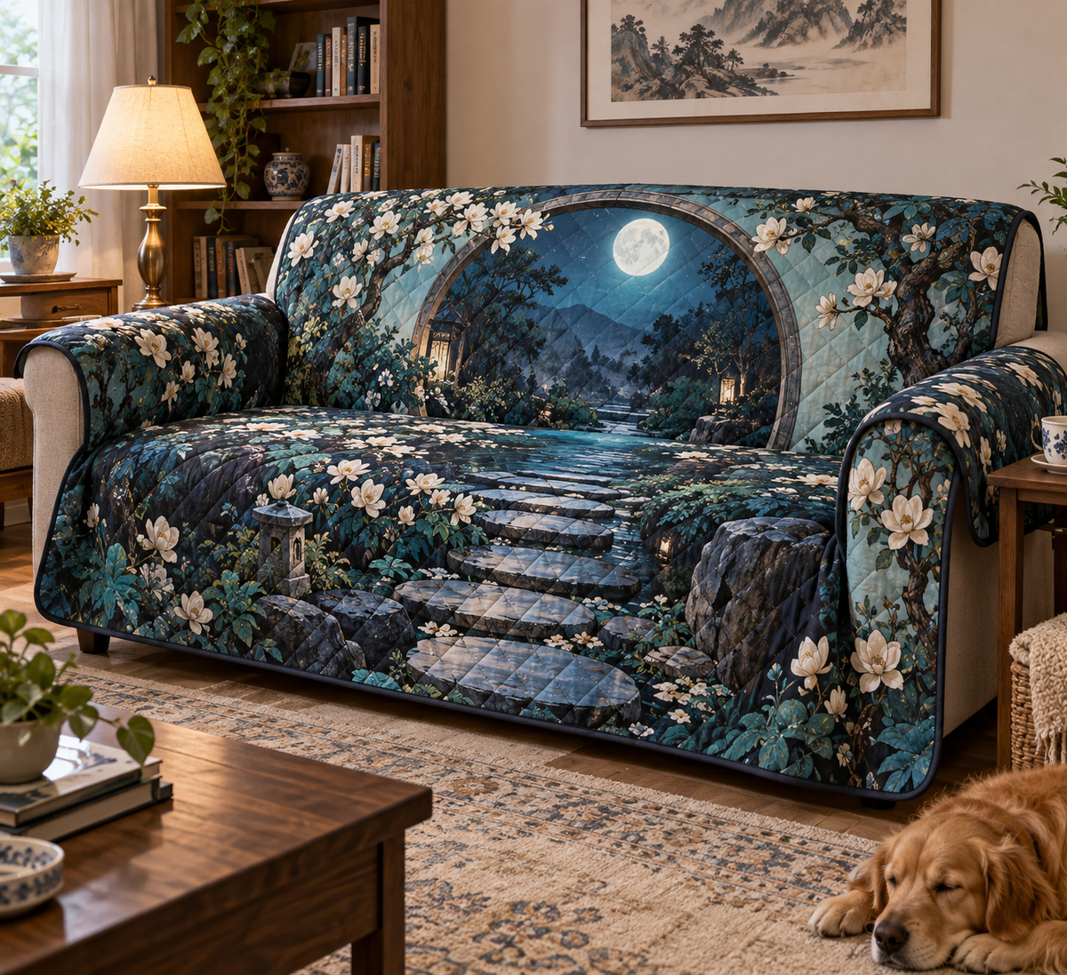 Moon Garden Gate Reading Nook Sofa Cover with flat printed optical 3D moonlit ivy gate, silver crescent and indigo garden path
