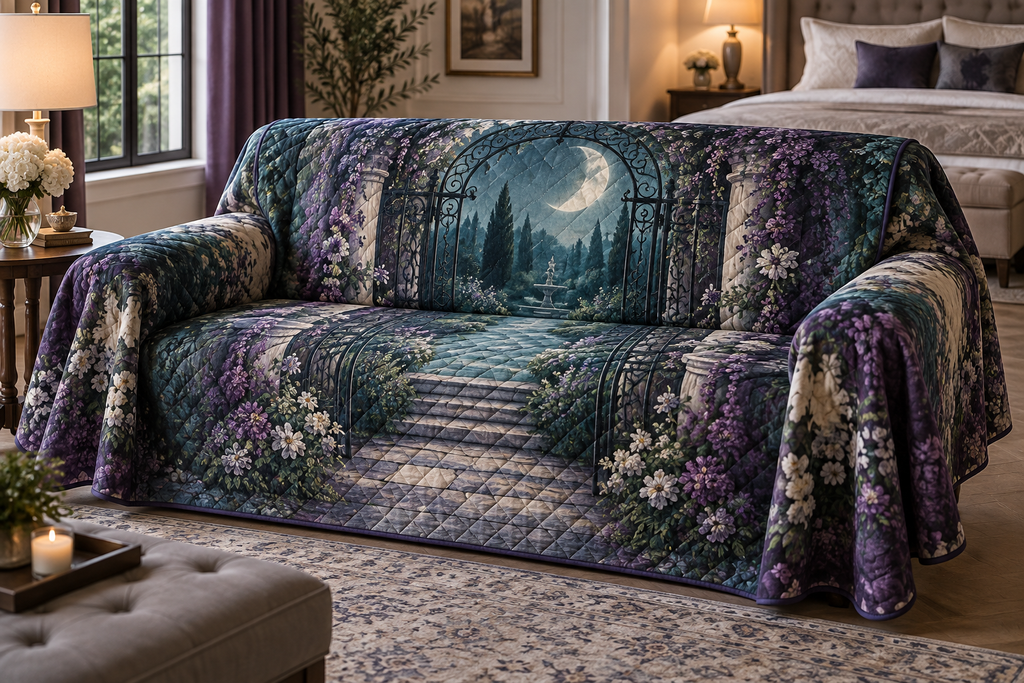 Moon Garden Gate Bedroom Sofa Cover with flat printed optical 3D pearl moon, cobalt floral gate and receding garden path