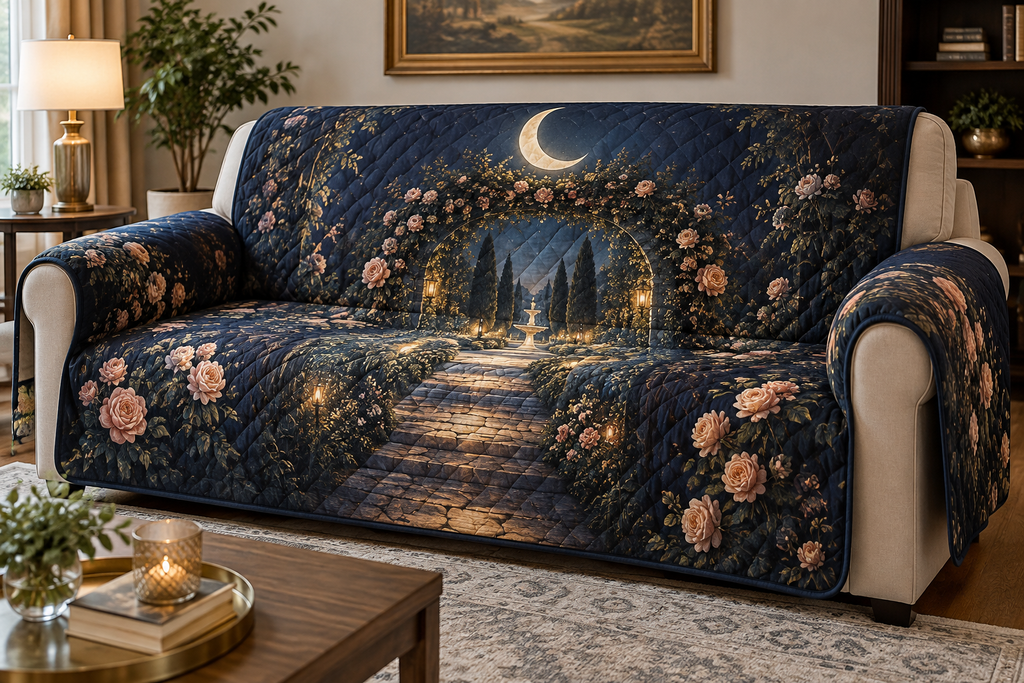 Moon Garden Gate Living Room Sofa Cover with flat printed optical 3D cream moon, teal ivy arch and deep indigo garden path