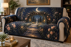 Moon Garden Gate Living Room Sofa Cover with flat printed optical 3D cream moon, teal ivy arch and deep indigo garden path