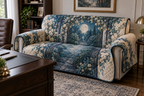 Moon Garden Gate Home Office Sofa Cover with flat printed optical 3D silver moon, indigo ivy gate and teal garden path