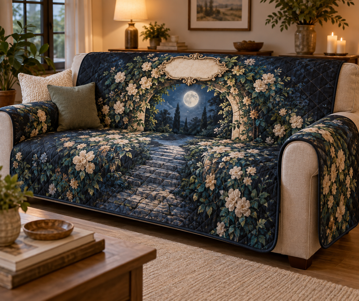 Moon Garden Gate Housewarming Sofa Cover with flat printed optical 3D silver crescent, teal ivy gate and indigo garden path