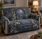 Moon Garden Gate Quiet Corner Sofa Cover with flat printed optical 3D misty moon, sage ivy arch and slate-blue garden path