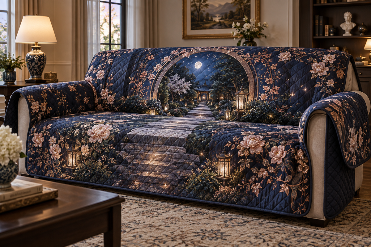 Moon Garden Gate Birthday Sofa Cover with flat printed optical 3D copper moon, plum flowers and indigo garden path