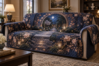 Moon Garden Gate Birthday Sofa Cover with flat printed optical 3D copper moon, plum flowers and indigo garden path