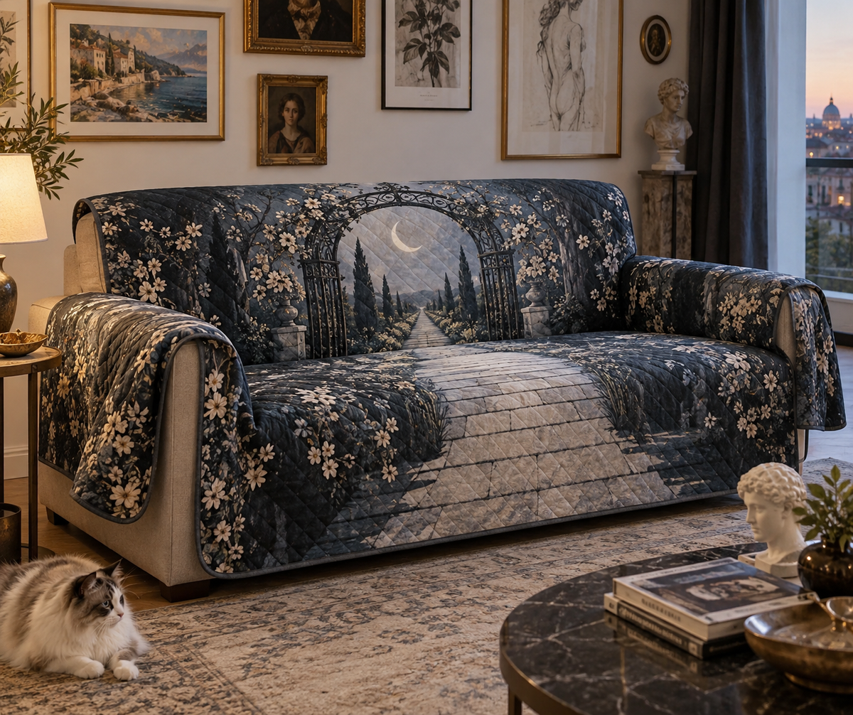 Moon Garden Gate Gallery Sofa Cover with flat printed optical 3D crescent moon, indigo garden gate and receding path